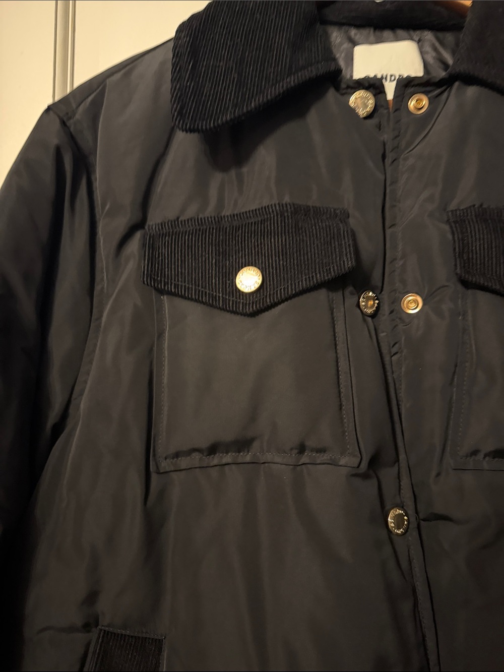 Sandro Black Quilted Puffer Jacket with Corduroy Trim - Picture 9 of 10